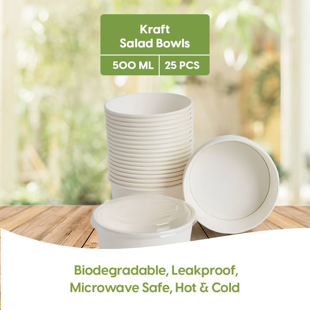 WHITE ROUND SALAD BOWL WITH PET LID - (25 PCS PACK)