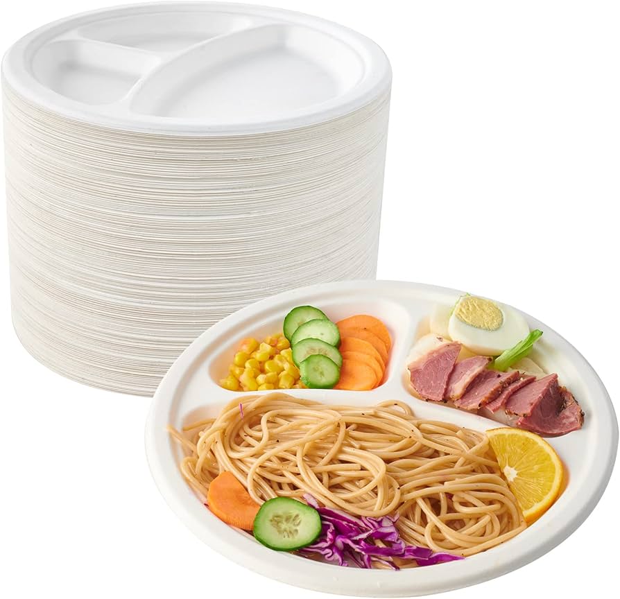 BAGASSE 3 COMPARTMENT PLATE 10 INCH ROUND WHITE - CARTON OF 500 PCS