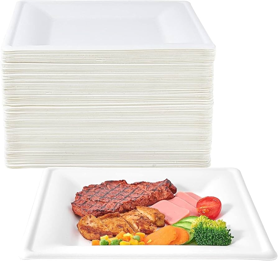 BAGASSE PLATE 10 INCH SQUARE WHITE - CARTON OF 500 PCS