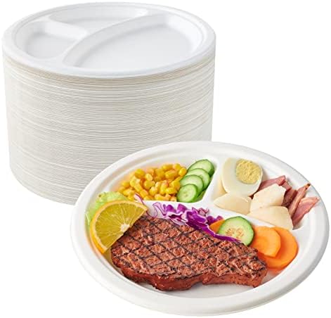 BAGASSE 3 COMPARTMENT PLATE 10 INCH ROUND WHITE - CARTON OF 500 PCS
