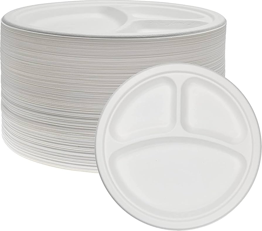 BAGASSE 3 COMPARTMENT PLATE 10 INCH ROUND WHITE - CARTON OF 500 PCS