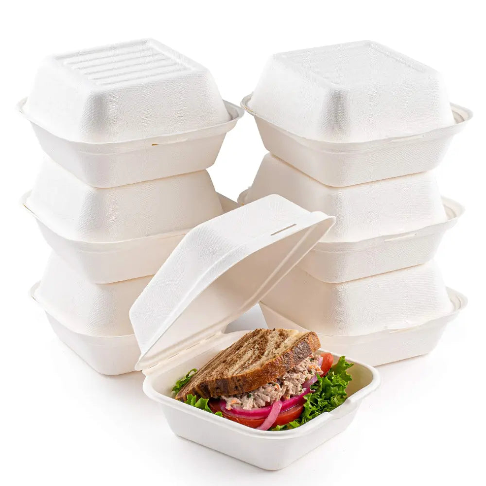 BAGASSE CLAMSHELL 6 X 6 INCH BURGER BOX WHITE-CARTON OF 500 PCS
