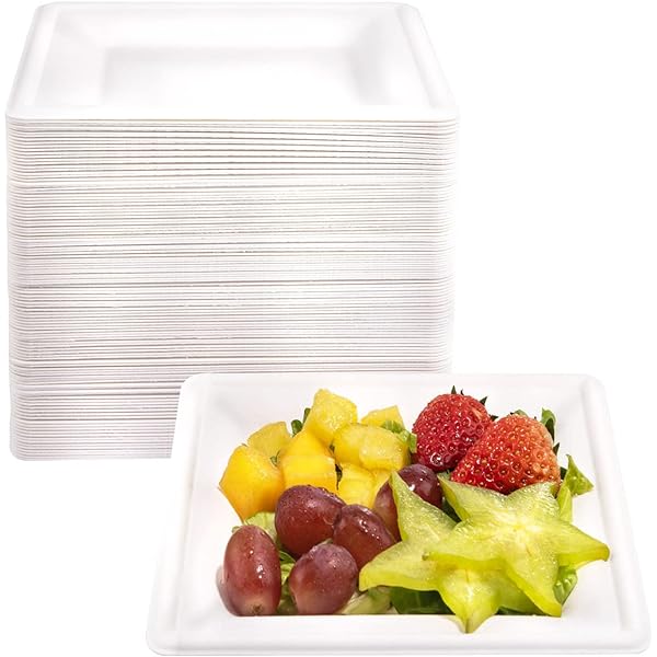 BAGASSE PLATE 8 INCH SQUARE WHITE - CARTON OF 500 PCS