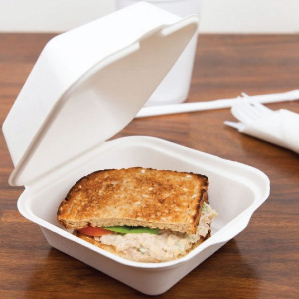 BAGASSE CLAMSHELL 6 X 6 INCH BURGER BOX WHITE