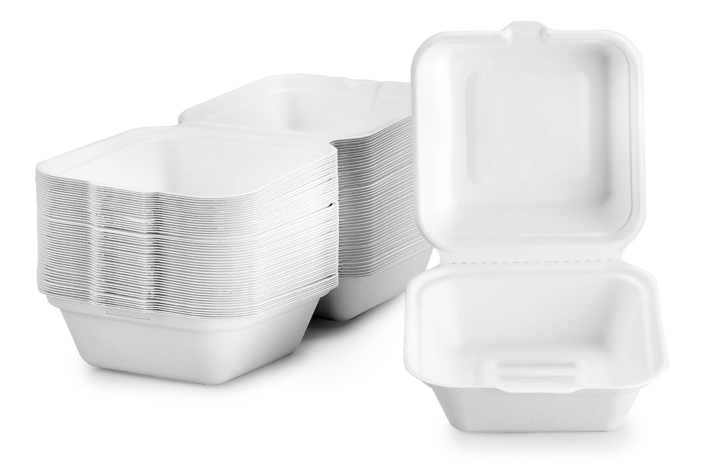 BAGASSE CLAMSHELL 6 X 6 INCH BURGER BOX WHITE-CARTON OF 500 PCS