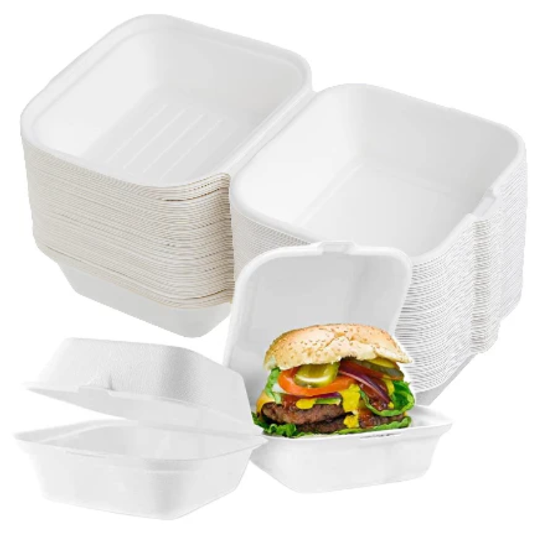 BAGASSE CLAMSHELL 6 X 6 INCH BURGER BOX WHITE-CARTON OF 500 PCS