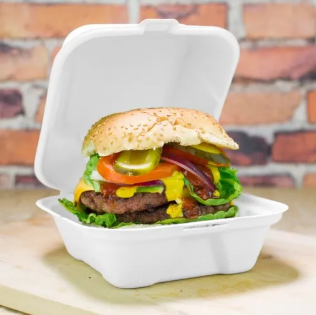 BAGASSE CLAMSHELL 6 X 6 INCH BURGER BOX WHITE-CARTON OF 500 PCS