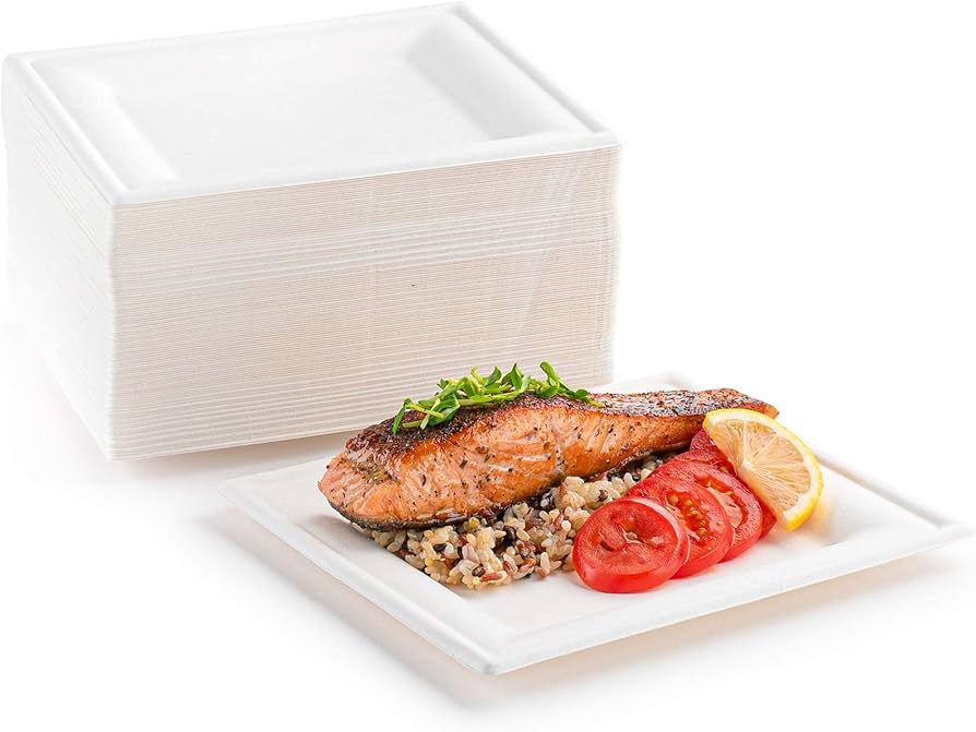 BAGASSE PLATE 8 INCH SQUARE WHITE - CARTON OF 500 PCS