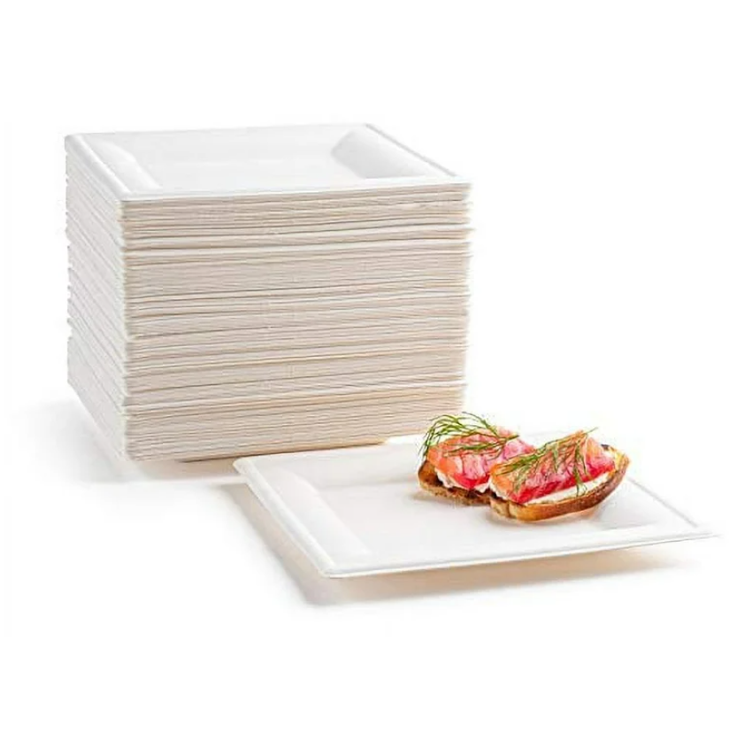 BAGASSE PLATE 8 INCH SQUARE WHITE - CARTON OF 500 PCS