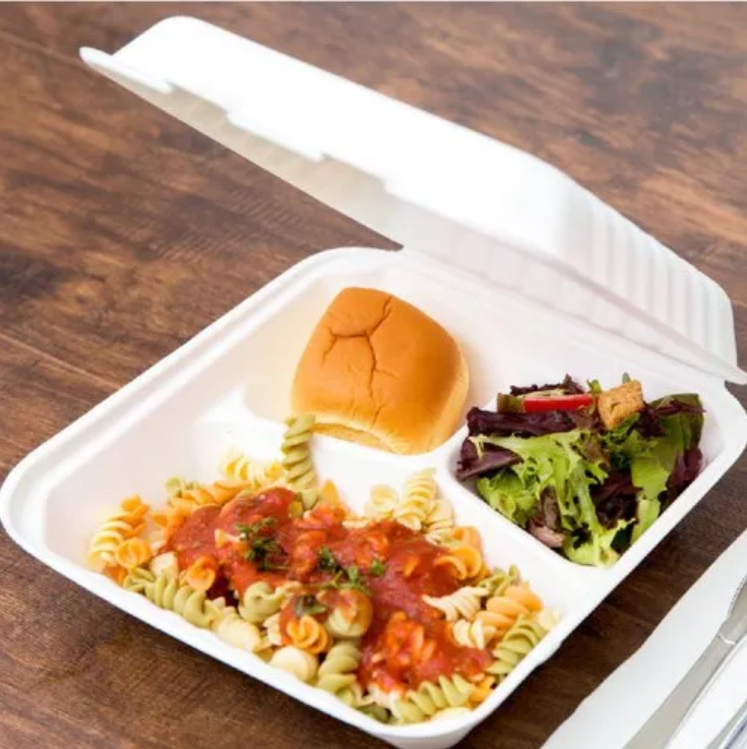 BAGASSE CLAMSHELL 9 INCH 3 COMPARTMENT BIO FOOD BOX WHITE-CARTON OF 150 PCS