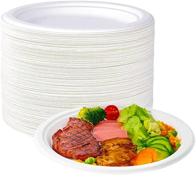 BAGASSE PLATE -9 INCH ROUND WHITE-CARTON OF 500PCS