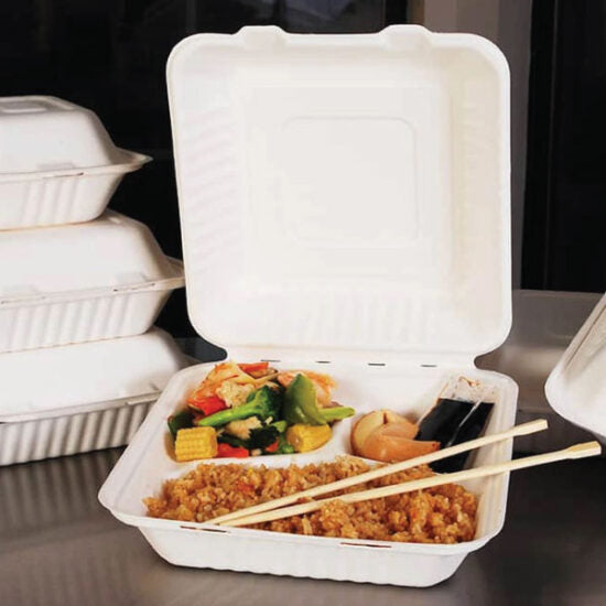 BAGASSE CLAMSHELL 9 INCH 3 COMPARTMENT BIO FOOD BOX WHITE-CARTON OF 150 PCS