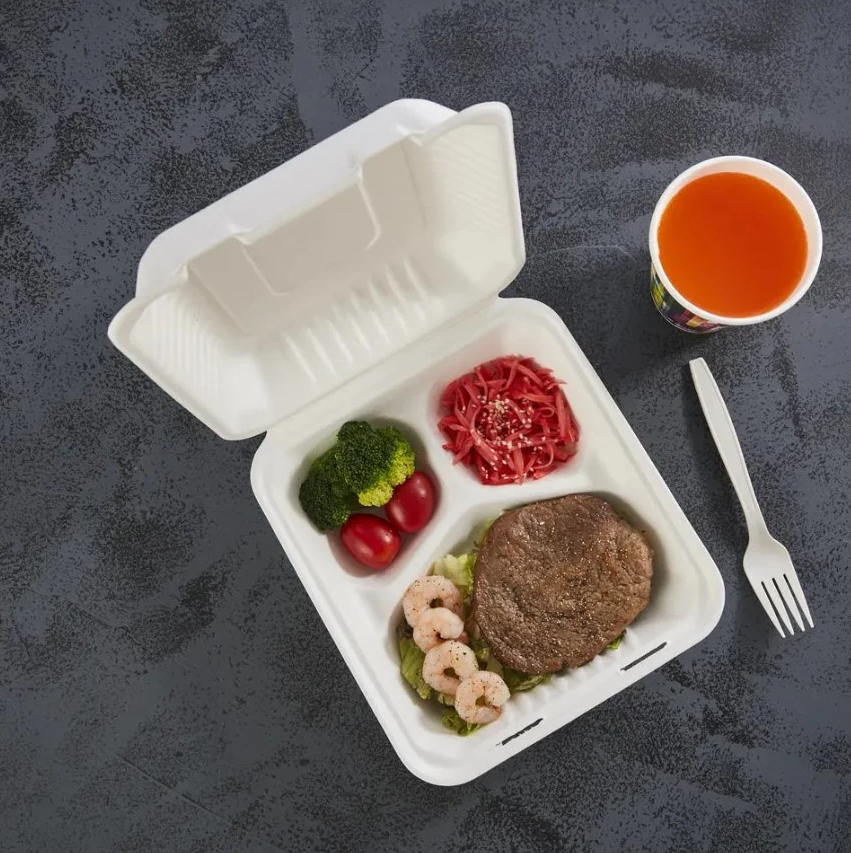 BAGASSE CLAMSHELL 9 INCH 3 COMPARTMENT BIO FOOD BOX WHITE-CARTON OF 150 PCS