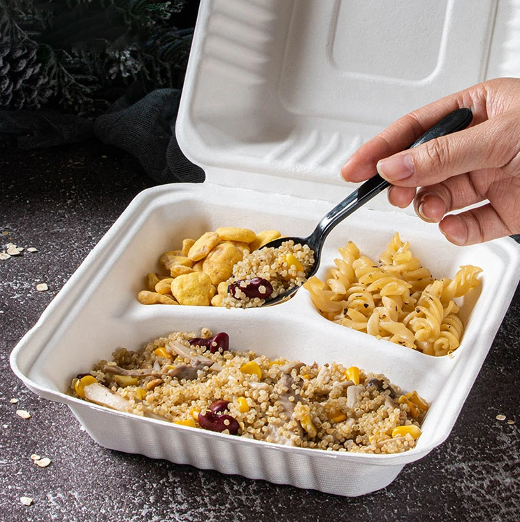 BAGASSE CLAMSHELL 9 INCH 3 COMPARTMENT BIO FOOD BOX WHITE-CARTON OF 150 PCS