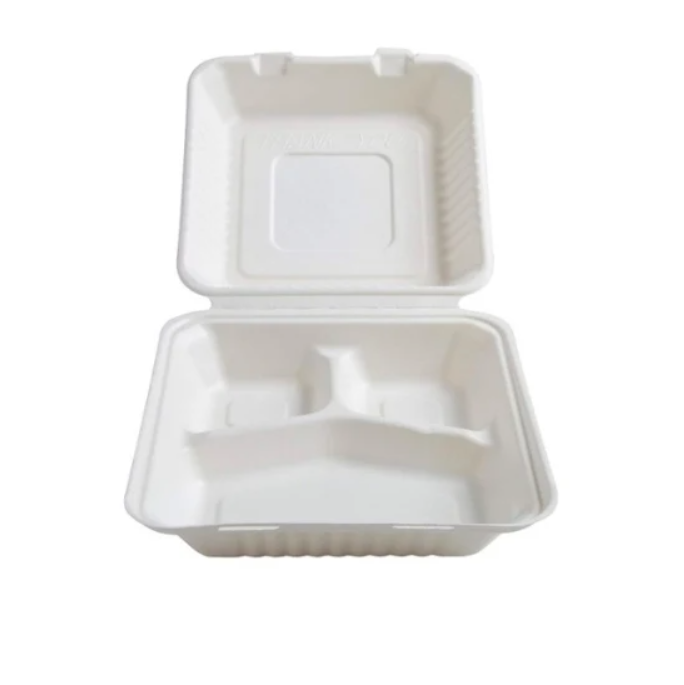 BAGASSE CLAMSHELL 9 INCH 3 COMPARTMENT BIO FOOD BOX WHITE-CARTON OF 150 PCS
