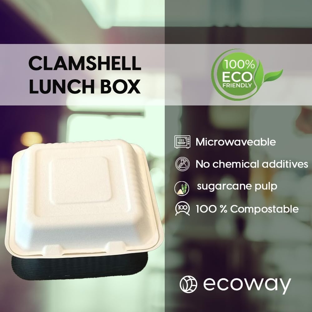 BAGASSE CLAMSHELL 9 X 9 INCH LUNCH BOX WHITE-CARTON OF 200 PCS