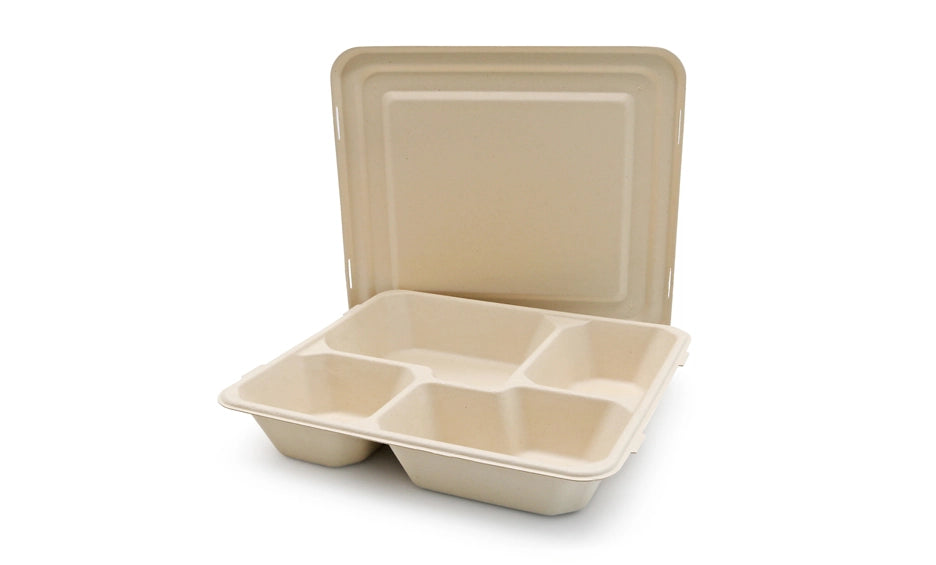BAGASSE 4 COMPARTMENT FOOD TRAY WITH PULP LID-CARTON OF 200 PCS