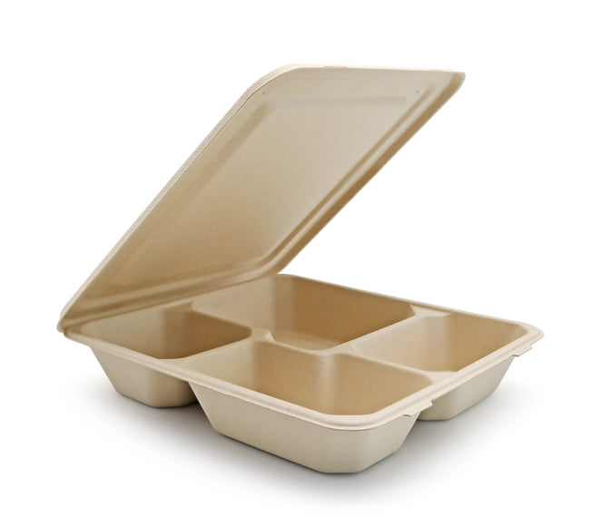 BAGASSE 4 COMPARTMENT FOOD TRAY WITH PULP LID-CARTON OF 200 PCS