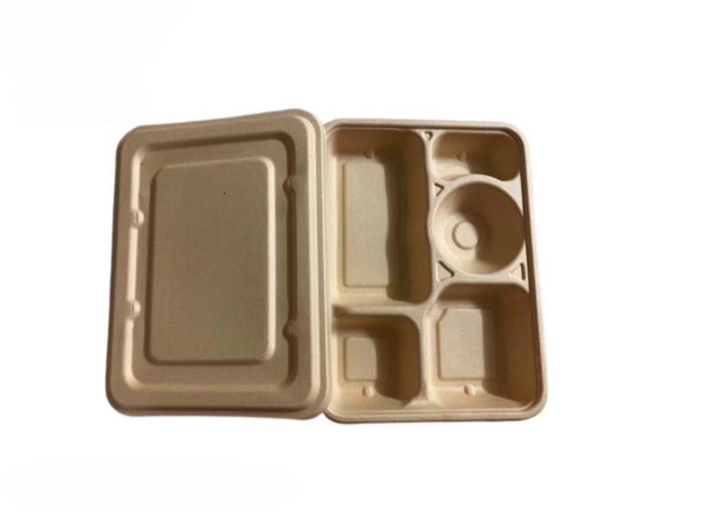 BAGASSE 5 COMPARTMENT MEAL BOX WITH LID- PACK OF 200 PCS