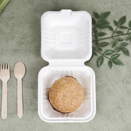 BAGASSE CLAMSHELL 6 X 6 INCH BURGER BOX WHITE