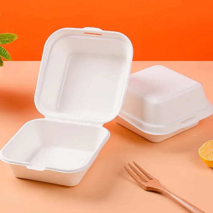 BAGASSE CLAMSHELL 6 X 6 INCH BURGER BOX WHITE