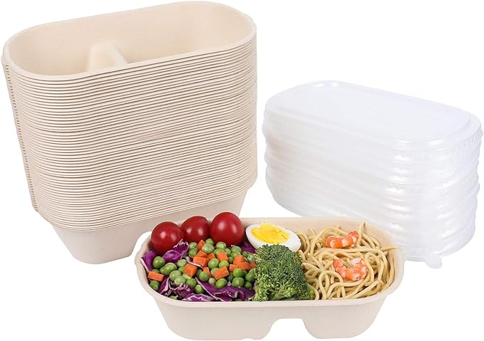 CR900-2 COMPARTMENT RECTANGULAR BAGASSE CONTAINER WITH PET LID-CARTON OF 300 PCS