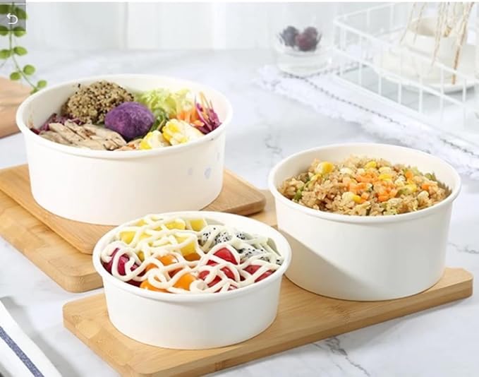 WHITE ROUND SALAD BOWL WITH PET LID - (25 PCS PACK)