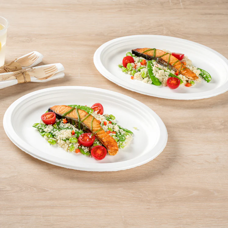 BAGASSE PLATE 10 X 8 INCH OVAL WHITE - CARTON OF 500 PCS