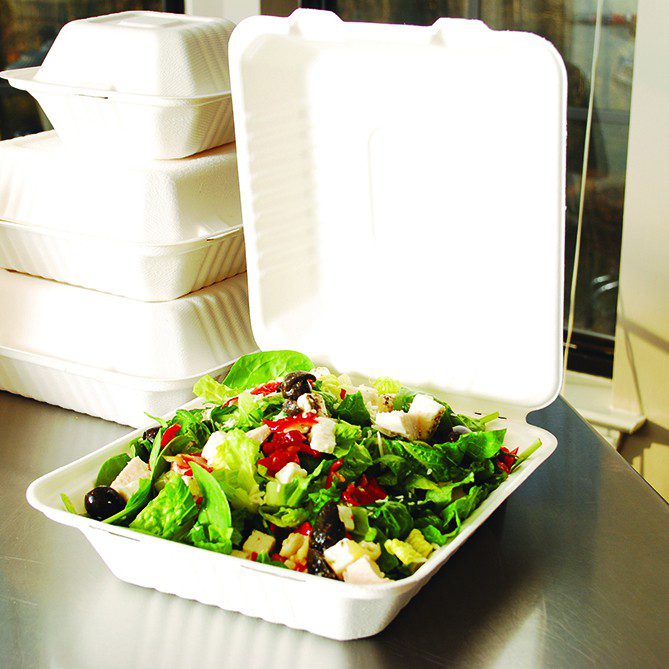 BAGASSE CLAMSHELL 9 X 9 INCH LUNCH BOX WHITE-CARTON OF 200 PCS