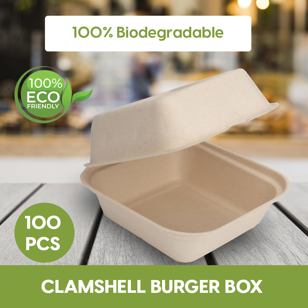6 X 6 INCHBAGASSE CLAMSHELL LUNCH BOXNATURAL Ecoway