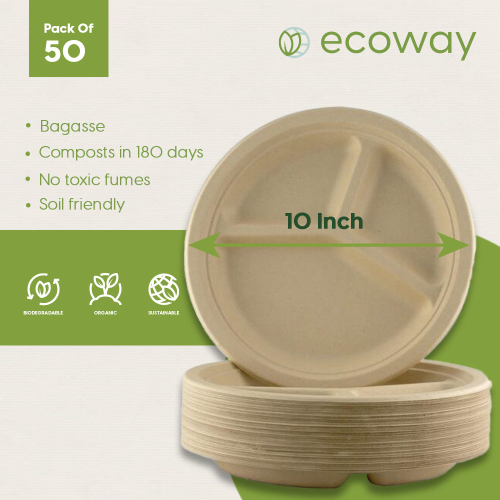 BAGASSE 3 COMPARTMENT PLATE-10 INCH ROUND NATURAL