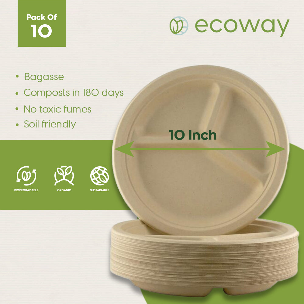 BAGASSE 3 COMPARTMENT PLATE-10 INCH ROUND NATURAL