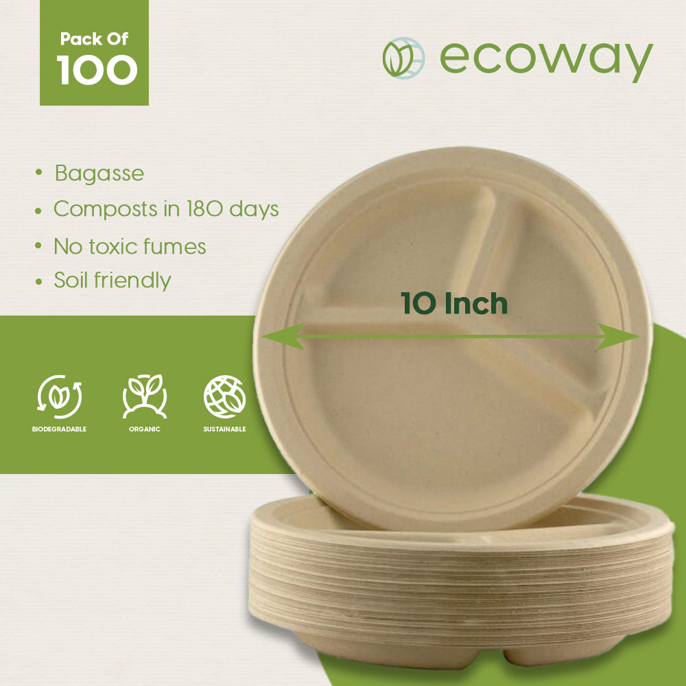 BAGASSE 3 COMPARTMENT PLATE-10 INCH ROUND NATURAL