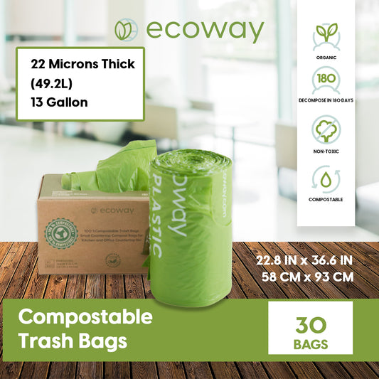 COMPOSTABLE GARBAGE BAGS 12 GAL
 BIODEGRADABLE ECOWAY GARBAGE BAGS
 100% COMPOSTABLE
 Dimensions : 22.8 IN x 36.6 IN x 0.87 MIL
 ( 58 cm x 93 cm x 22 µM )