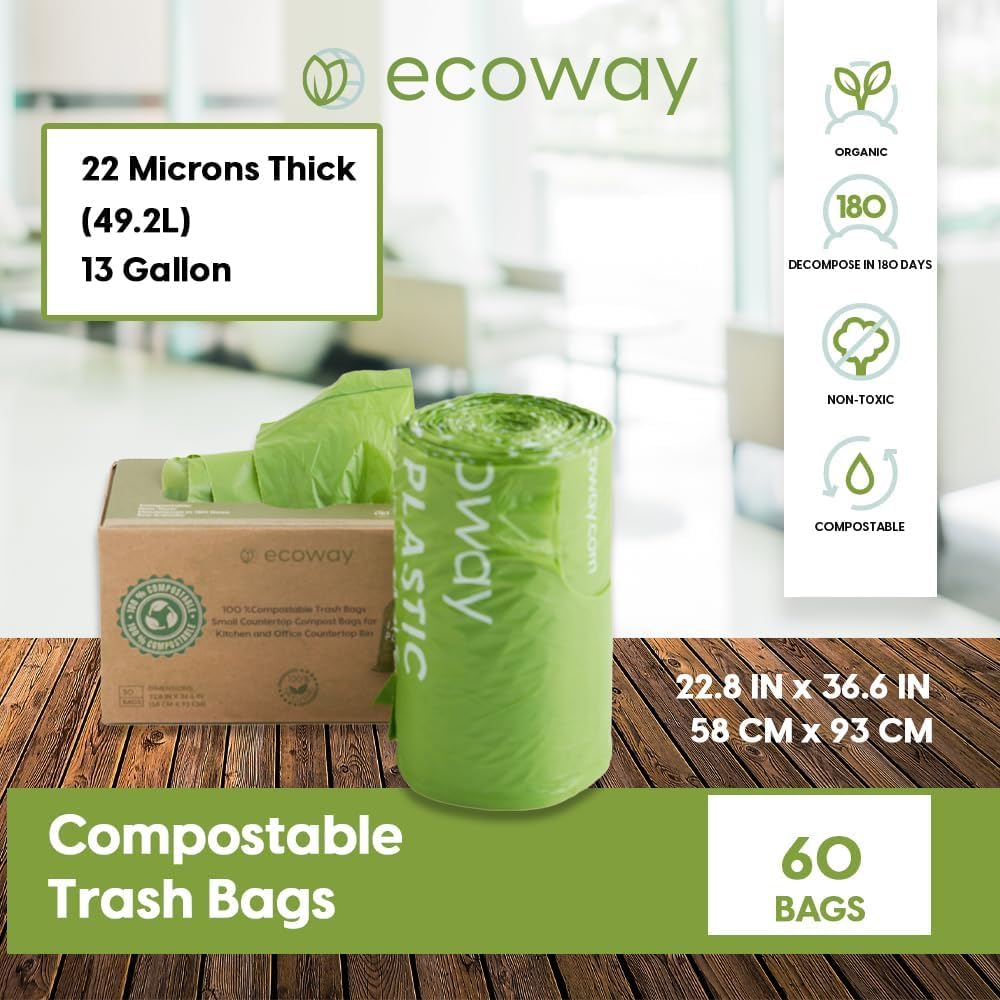 Ecoway BinLiner Combo Offer: 1+1 Biodegradable PLA Bags 13 Gallon Pack of 60 | Trash Liner | Garbage Bag |Waste Bag | Green Bin Liner | Compostable Bag | Sustainable Waste Bag