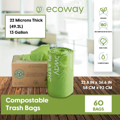 Ecoway BinLiner Combo Offer: 1+1 Biodegradable PLA Bags 13 Gallon Pack of 60 | Trash Liner | Garbage Bag |Waste Bag | Green Bin Liner | Compostable Bag | Sustainable Waste Bag