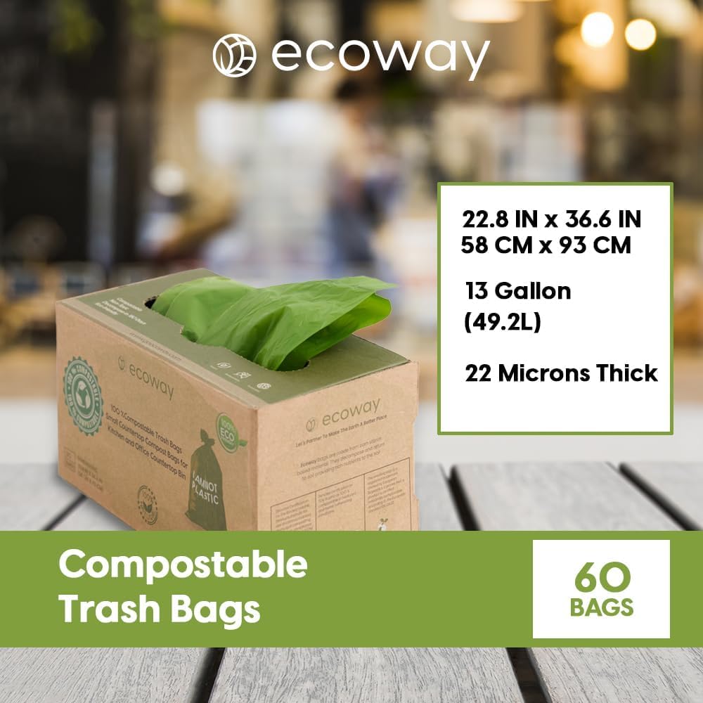 Ecoway BinLiner Combo Offer: 1+1 Biodegradable PLA Bags 13 Gallon Pack of 60 | Trash Liner | Garbage Bag |Waste Bag | Green Bin Liner | Compostable Bag | Sustainable Waste Bag