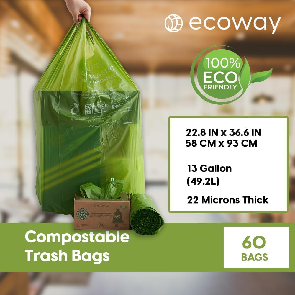 Ecoway BinLiner Combo Offer: 1+1 Biodegradable PLA Bags 13 Gallon Pack of 60 | Trash Liner | Garbage Bag |Waste Bag | Green Bin Liner | Compostable Bag | Sustainable Waste Bag