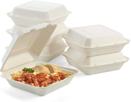 9 X 9 INCH-BAGASSE CLAMSHELL LUNCH BOX-WHITE PACK OF 200 PCS