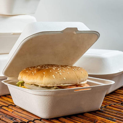 6 INCH-BAGASSE CLAMSHELL BURGER BOX-WHITE