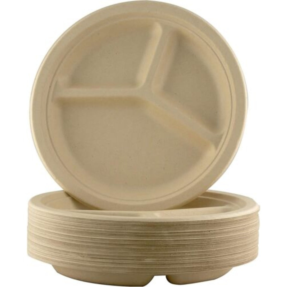 10 INCH-BAGASSE 3 COMPARTMENT PLATE ROUNDS-NATURAL PACK OF 500 PCS