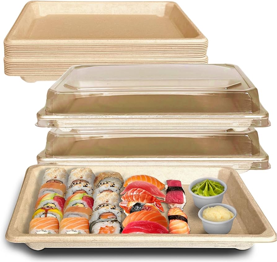 BAGASSE SUSHI TRAY 2.0 WITH PET LID-NATURAL-PACK OF 300 PCS