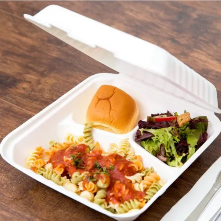 9 INCH 3 COMPARTMENT CLAMSHELL BIO FOOD BOX-WHITE-PACK OF 150 PCS