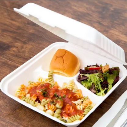 9 INCH 3 COMPARTMENT CLAMSHELL BIO FOOD BOX-WHITE-PACK OF 150 PCS