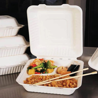 9 INCH 3 COMPARTMENT CLAMSHELL BIO FOOD BOX-WHITE-PACK OF 150 PCS