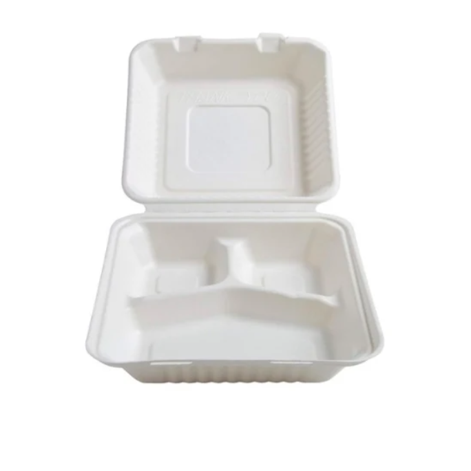 9 INCH 3 COMPARTMENT CLAMSHELL BIO FOOD BOX-WHITE-PACK OF 150 PCS