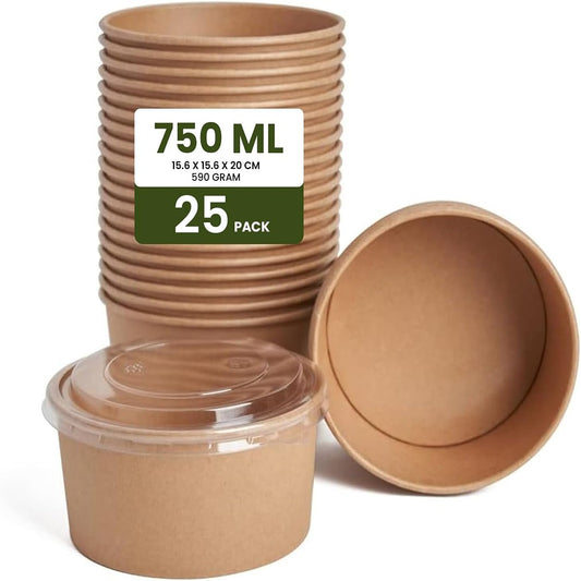 ecoway Compostable Heavy Duty Made Of Paper - [26 Ounce - 750 Ml, Pack Of 25] Disposable Bowls Eco-Friendly Biodegradable Perfect For Salad, Soup, Dessert, Hot or Cold Use