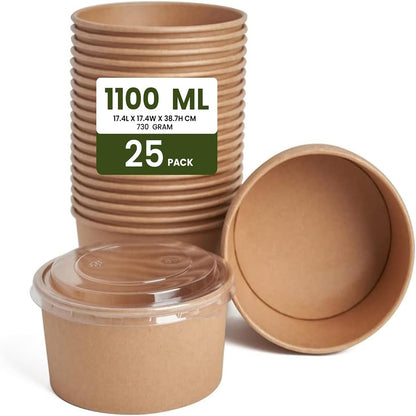 ecoway Compostable Heavy Duty Made Of Paper - [38 Ounce - 1100 Ml, Pack Of 25] Disposable Bowls Eco-Friendly Biodegradable Perfect For Salad, Soup, Dessert, Hot or Cold Use