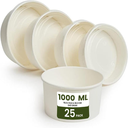 ecoway Compostable Heavy Duty Made Of Paper - [34 Ounce - 1000 Ml] Disposable Bowls Eco-Friendly Biodegradable Perfect For Salad, Soup, Dessert, Hot or Cold Use, Brown