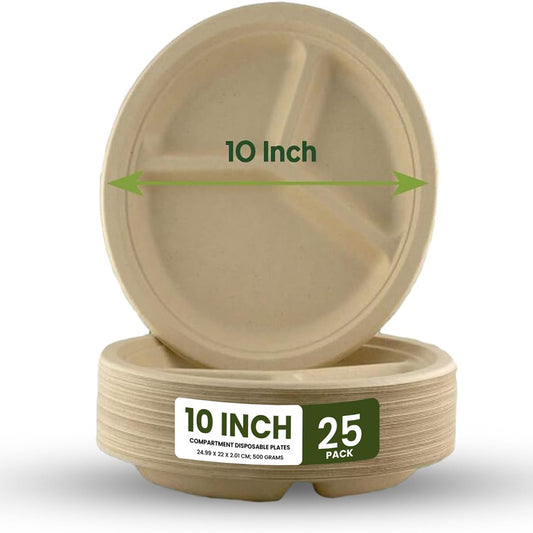 ecoway Compartment Disposable Plates 10Inch Heavy Duty Eco-Friendly 100% Natural Bagasse Fiber Biodegradable Compostable Sustainable Paper Alternative Plates [Pack on 25]